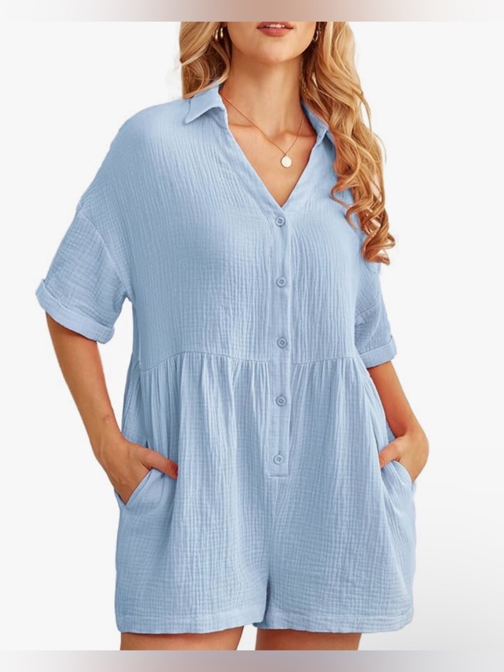 NWT Popvil Light Blue Button-Front Gauze Romper